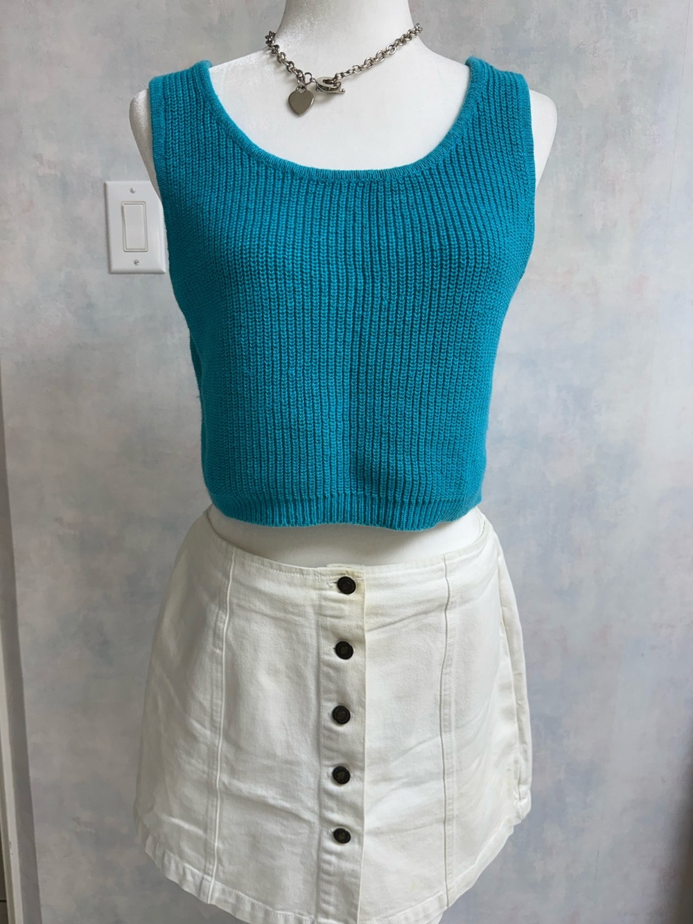 VTG Crop Cotton Sweater, Sleeveless. Stretch, Wide Weave, Dark Vivid Teal